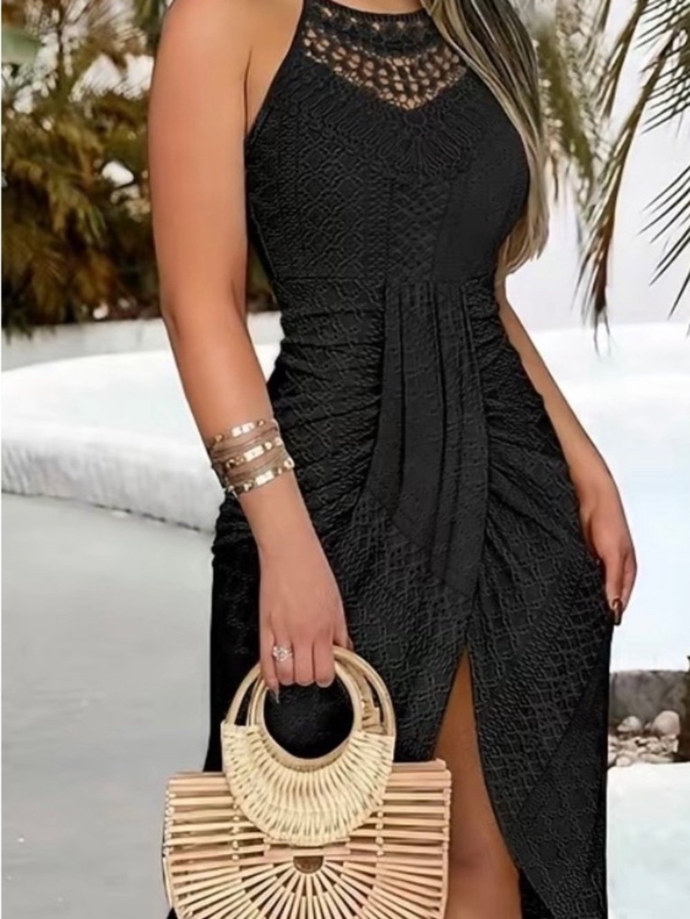 Chicme Hallowed Out A-Line Sleeveless Front Ruched Black Maxi Dress - Women’s M
